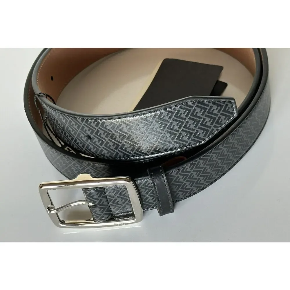 NWT $590 Fendi FF Logo Calf Leather Black/Grey Belt 110/44 Italy 7C0434